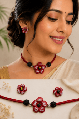 Floral Design Choker Terracotta Necklace Set
