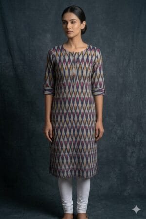 Authentic Ikat Cotton Kurti for Women | Handwoven Ethnic Kurta with Pocket
