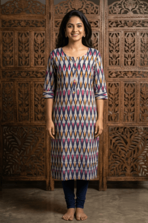 Authentic Ikat Cotton Kurti for Women | Handwoven Ethnic Kurta with Pocket